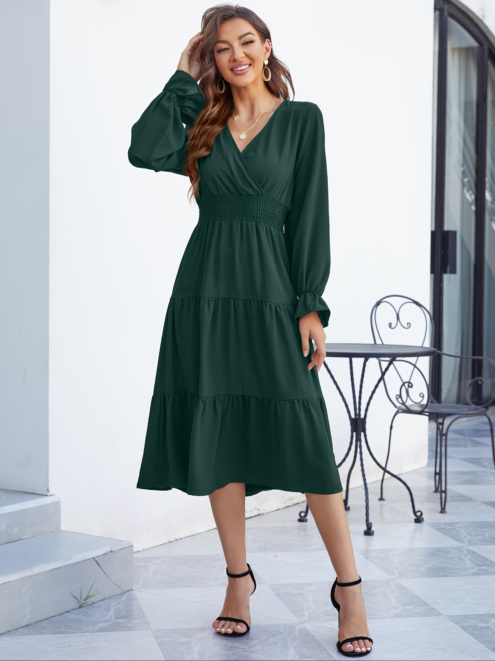 womens casual wrap v neck midi dress long sleeve smocked - Temu