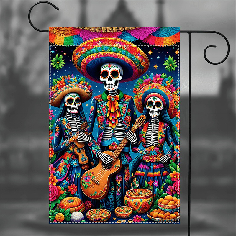 

Day Of The Dead Flag - Jit 1pc, Polyester, Weatherproof, Washable, Without Electricity, Double Sided Design For Yard & Lawn, Memorial Day, 12x18inch (flagpole Not Included)