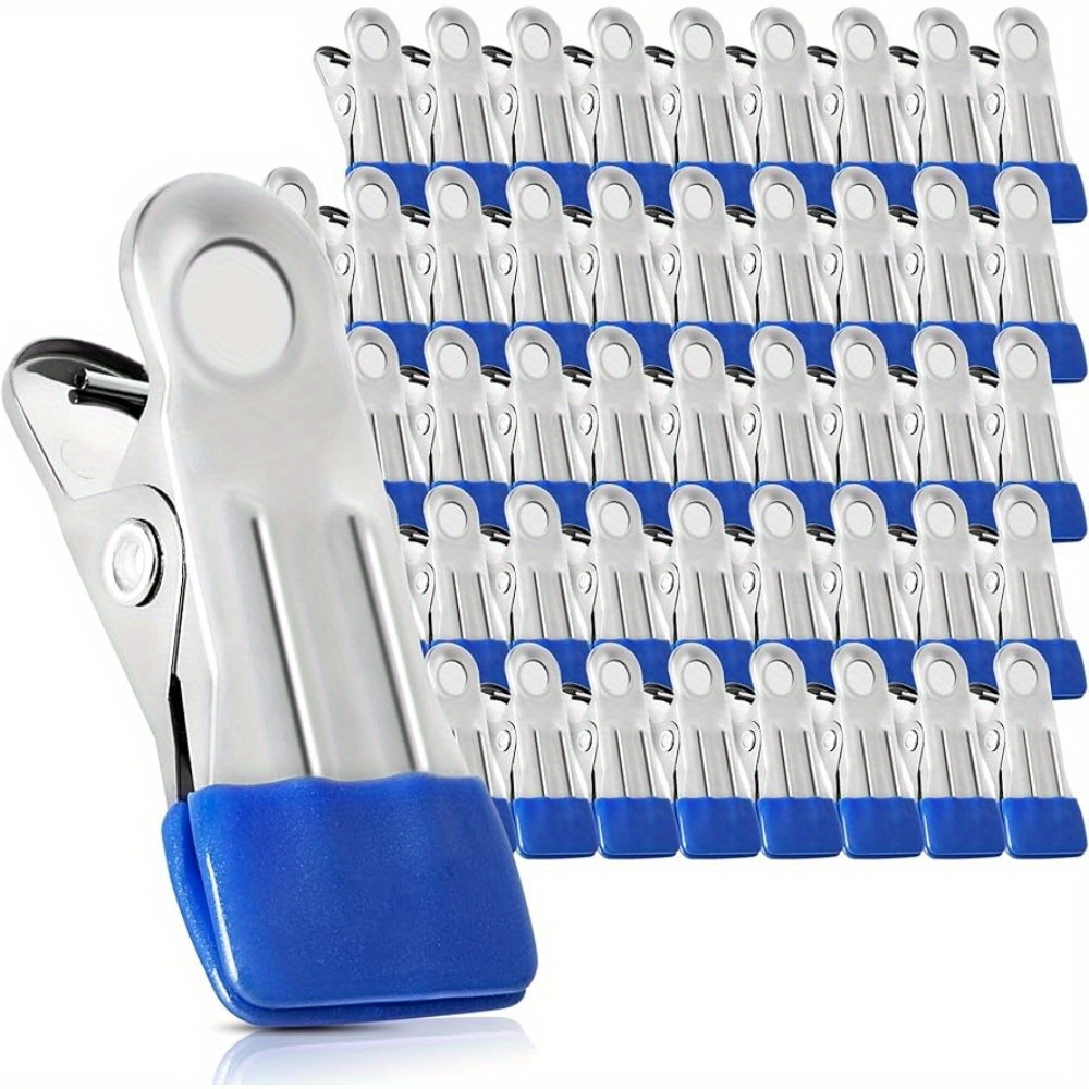 

50pcs Stainless Steel Clothespins With Blue Handles - Heavy-duty Metal Clips For Drying On Clothesline, Photos, Food Bags & Beach Towels - , Laundry Storage & Organization