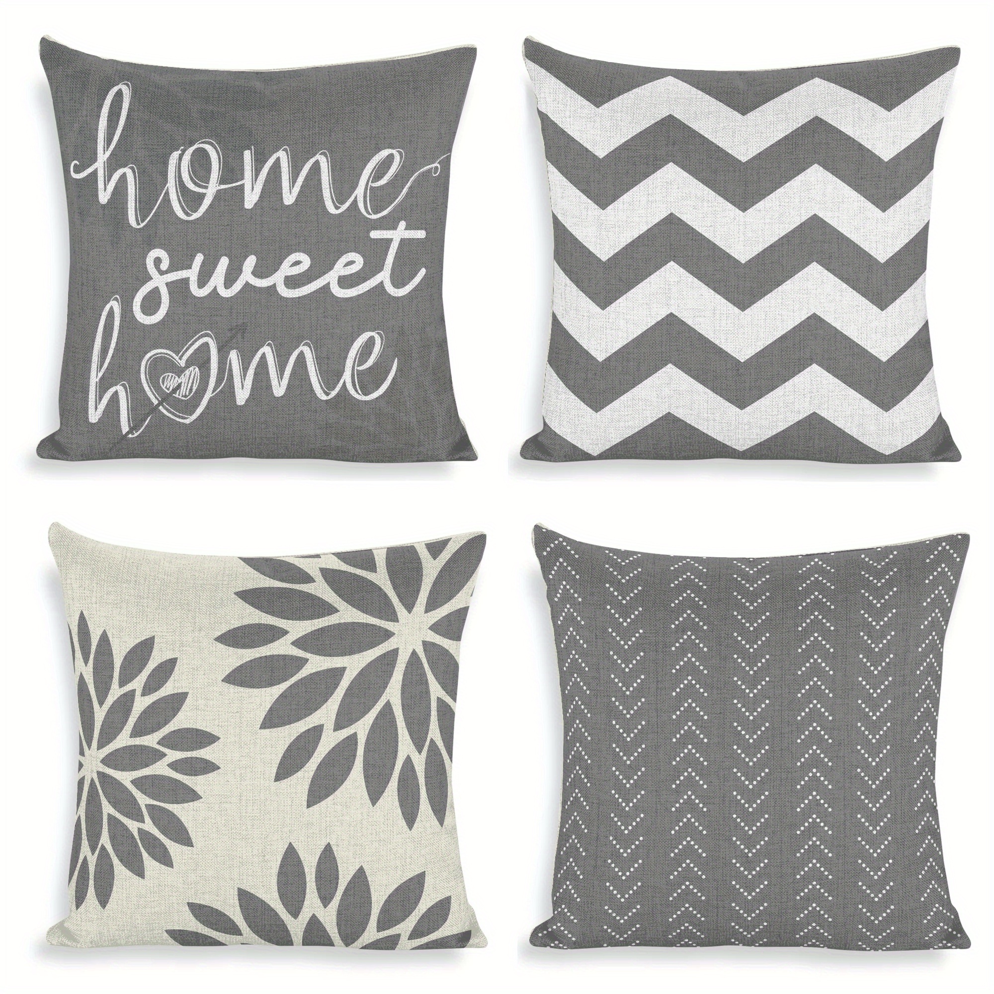 

4-pack Contemporary Throw Pillow Covers, Double-sided Print Linen Pillowcases With Zipper Closure, Machine Washable, For Home & Living Room Decor - Gray Patterns (pillow Inserts Not Included)