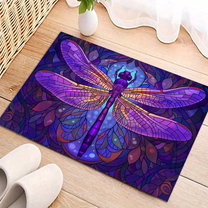 

Vibrant Purple Dragonfly Stained Glass Pattern Floor Mat – Machine Washable Polyester Indoor/outdoor Decorative Mat For Entryway, Bathroom, Kitchen, Living Room, Bedroom, Washable Area Mat