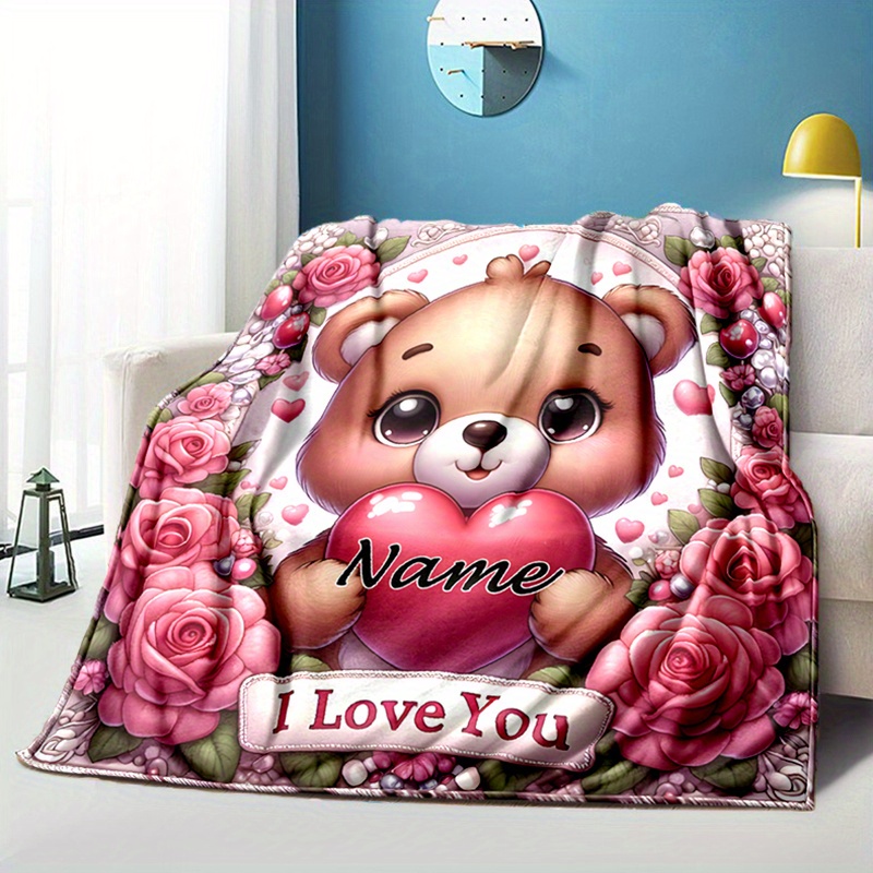 

Customizable Flannel Throw Blanket With Cute Bear And Heart - Personalized Name, Soft Warm Knitted Polyester Bedspread, Digital Printed Cartoon Love Theme For All Seasons, Ideal Gift For Christmas