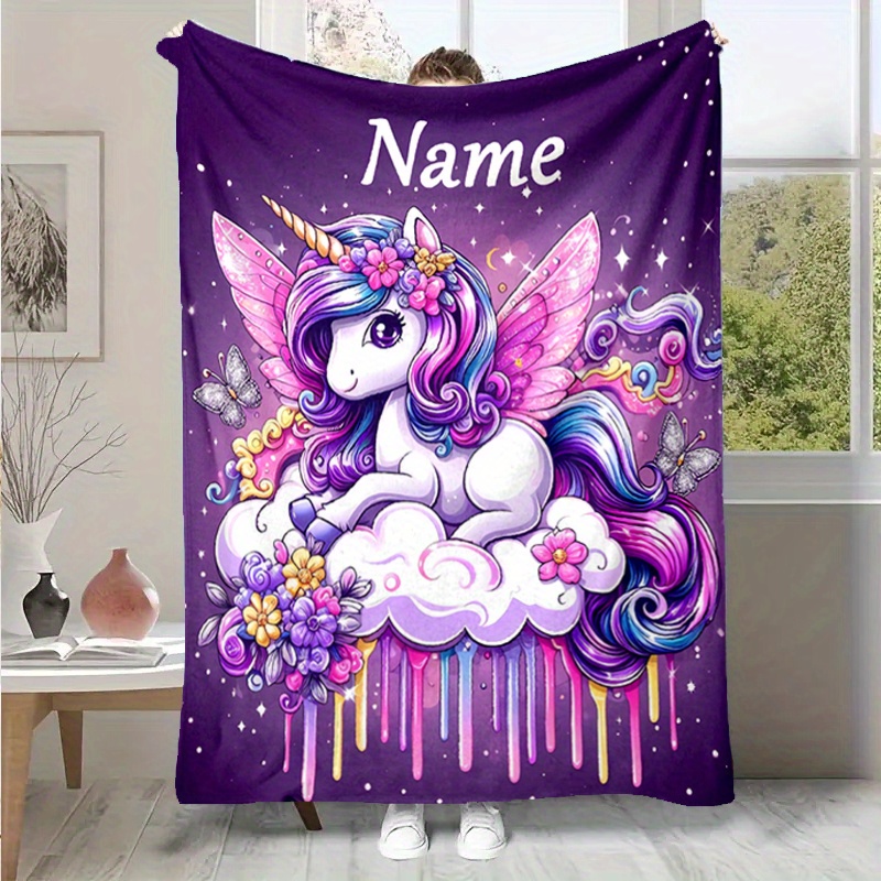 TEMU Custom Name Printed Blanket Unicorn Blanket Personalized Soft Warm Blanket For Bed Sofa Bedspread Picnic Blanket Christmas Halloween Gifts