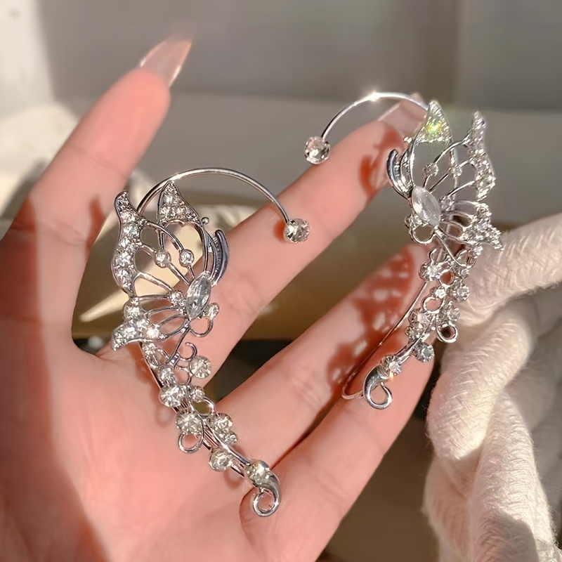 TEMU 1 Pair Elegant Fairy Ear Wrap - Sparkling Ear Climbers, No Piercing Required, Handcrafted Cosplay Accessory For Women And Girls, Earrings
