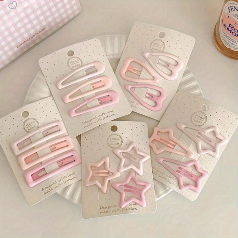 

15pcs Pink Hair Clips Set - Elegant Heart & Star Shapes, Gradient Matte Barrettes For Women - & Halloween