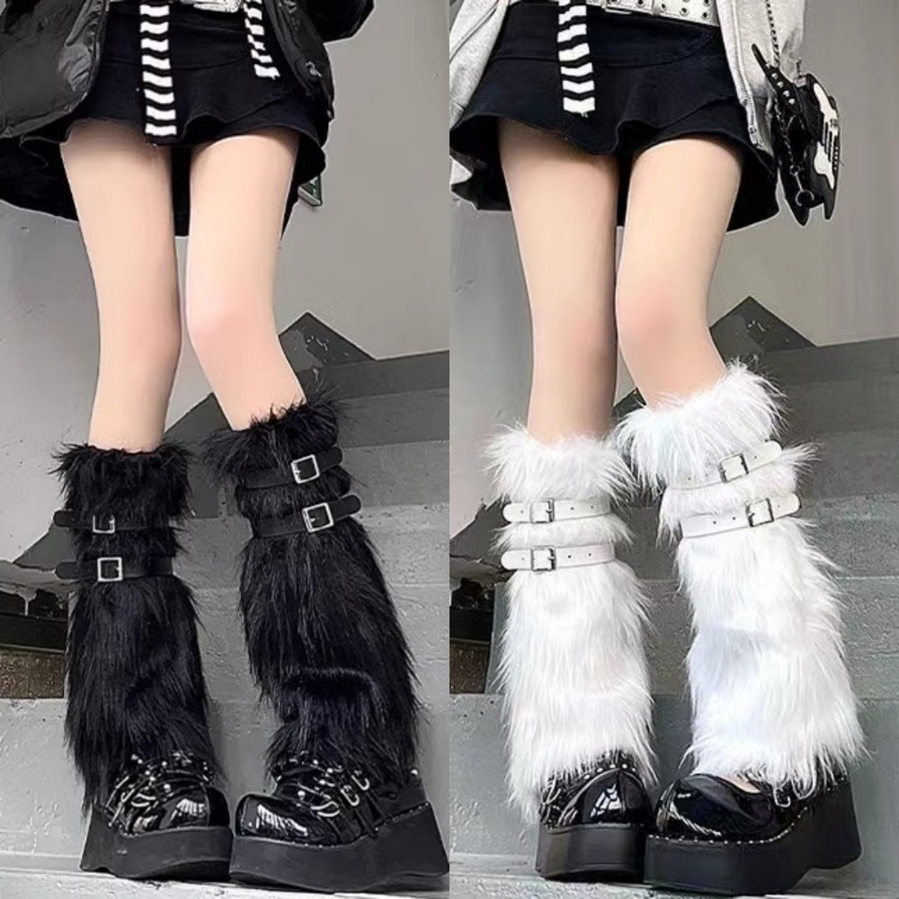 

Plus Size Y2k Leg Warmers, Women's Fuzzy Fluffy Detail Boots Knee High Socks For Fall & Winter