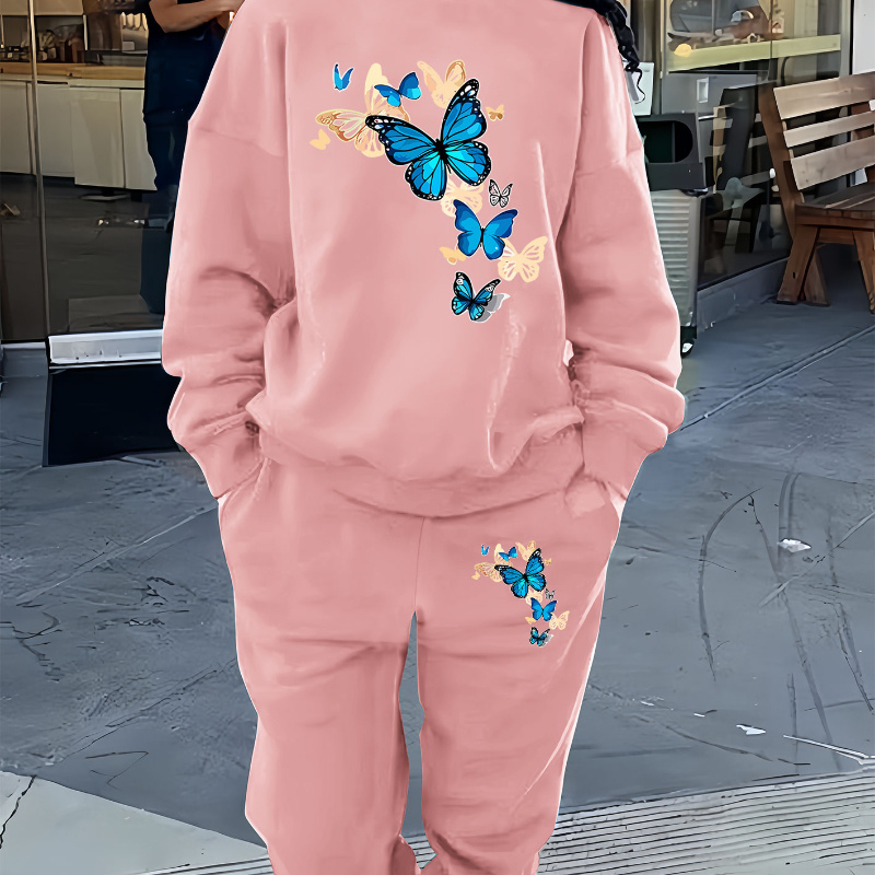 

Women's Casual Butterfly Print Knit Polyester Sweatsuit Set, Crew Neck Long Sleeve Sweatshirt & Pants Set, Soft Fleece Lined All Season Outfit