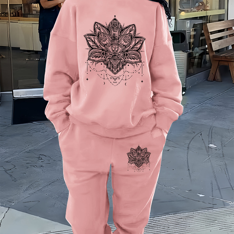 

Women's Casual Sweatshirt And Pants Set With Floral Print, 100% Polyester Knit Fabric, Round Neck, All-season Comfort - Cozy Thermal Sweatshirt And Pants Combo