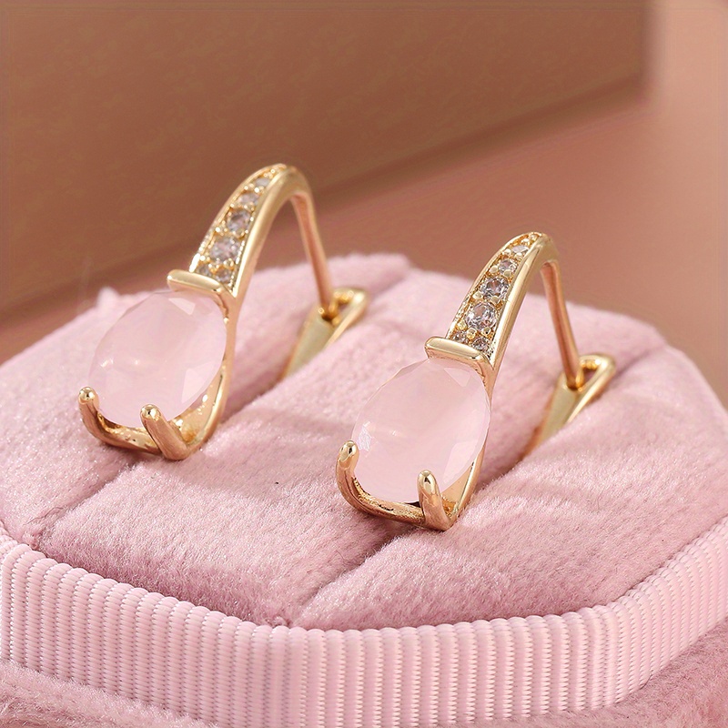 Pink Opal Earrings with Sparkling Accents 14K Golden Plated