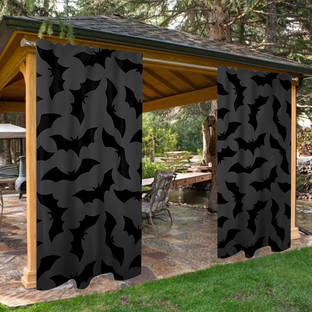 

2-piece Bat Printed Polyester Curtain Set - Machine Washable Knit Fabric Doorway Curtains With Tie Backs For Living Room, Home Decor