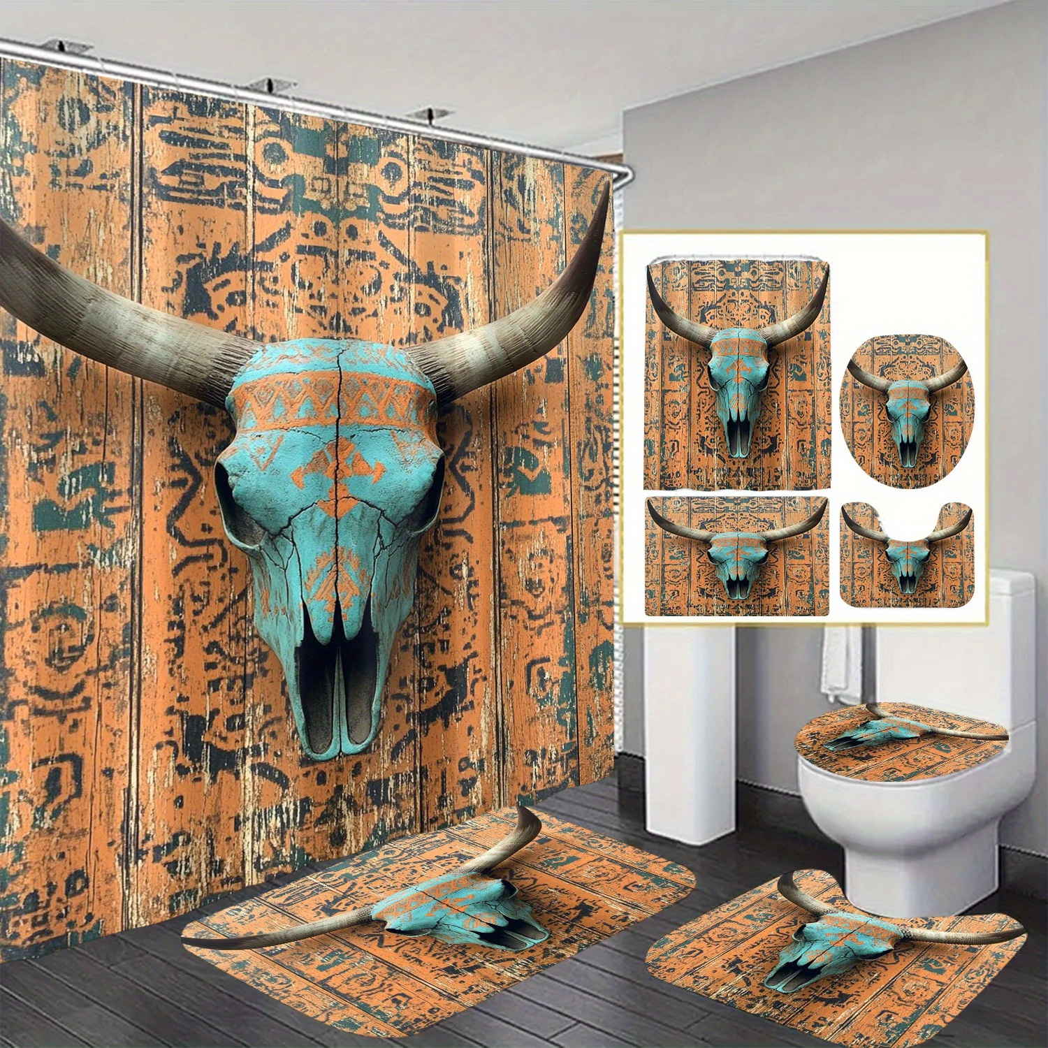 

Bull Pattern Shower Curtain Waterproof 12 Hooks Suitable For Room Machine Washable Curtain Waterproof Bathroom 1pc/4pcs