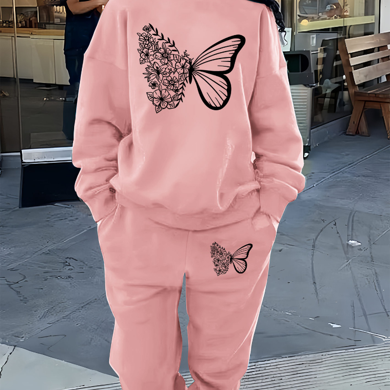 

Cozy Butterfly Print Women's Sweatshirt & Joggers Set - Casual Fleece-lined Outfit For Fall/winter, Machine Washable