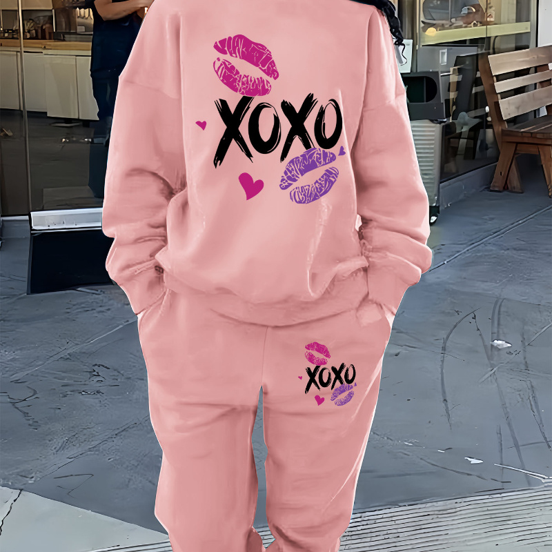 

Women's Casual Alphabet Print Crew Neck Sweatshirt And Joggers Set - 100% Polyester Knit Fabric - All Season Comfort Fit Polyester Tracksuit With Crew Neck Collar And No Extra Details