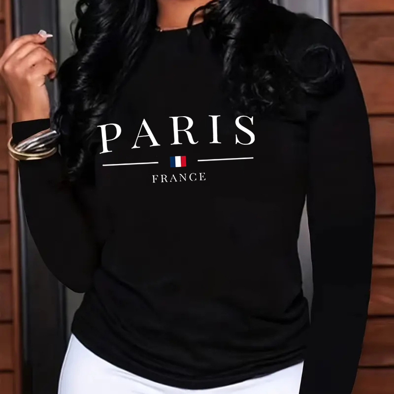 

Casual Paris Alphabet Neck Long Sleeve T-shirt - Knit Fabric, 92% Polyester 8% Elastane, Regular Length, Spring/fall Women's Top