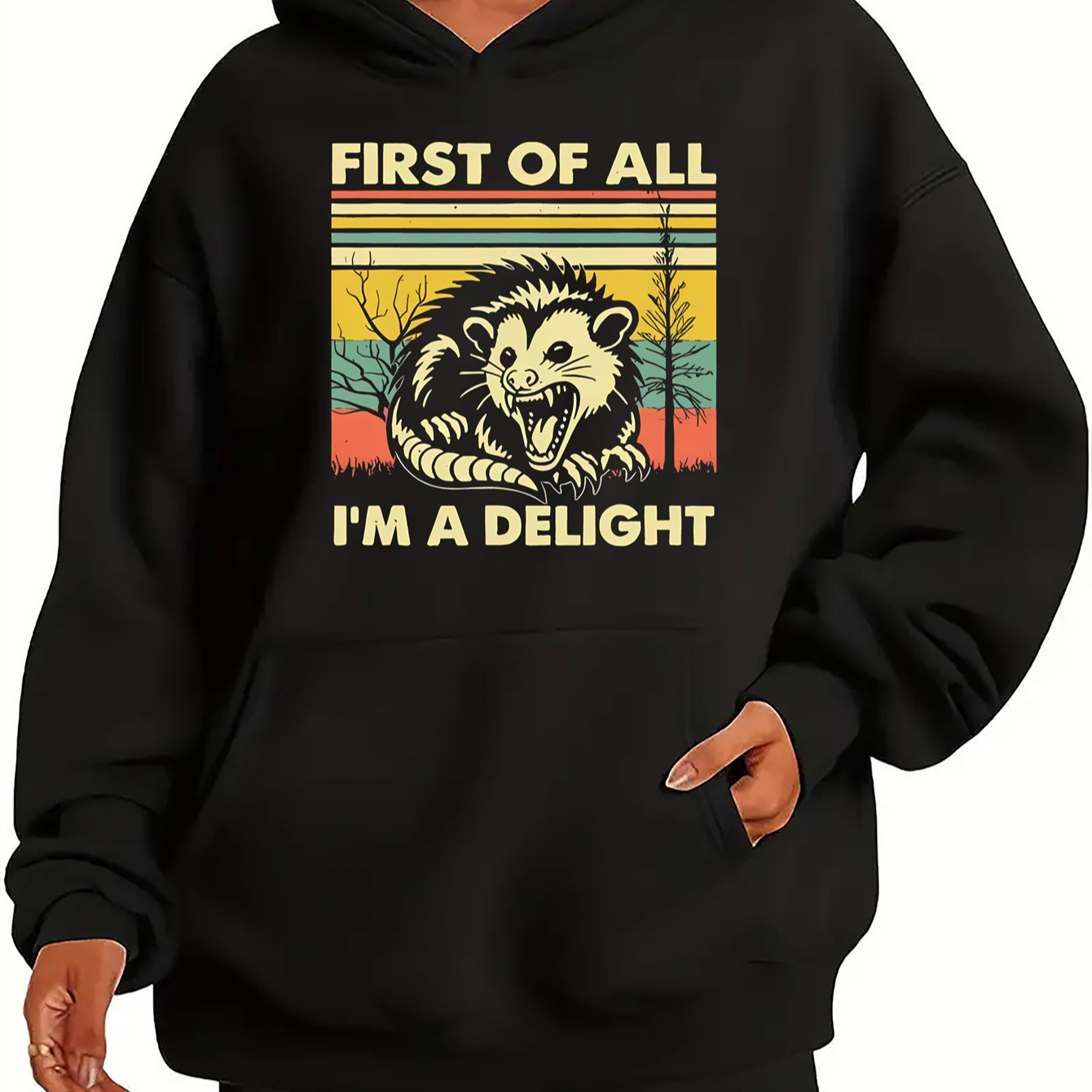 

Graphic 'first Of All, I'm A Delight' Print Hoodie - 100% Polyester Knit Fabric, Casual Style Pullover With Kangaroo Pocket And Slight Stretch, All Seasons Hooded Sweatshirt For Women