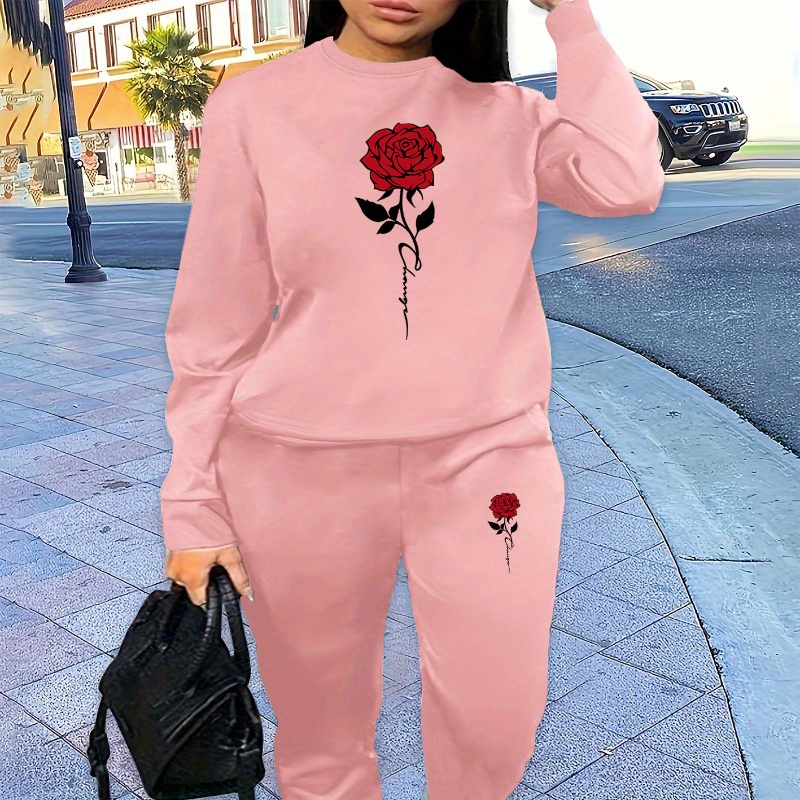 

Romantic Red Rose Print Knit Polyester Sweatsuit Set For Women - Casual Crew Neck Sweater And Pants Outfit With Floral Design For All Seasons