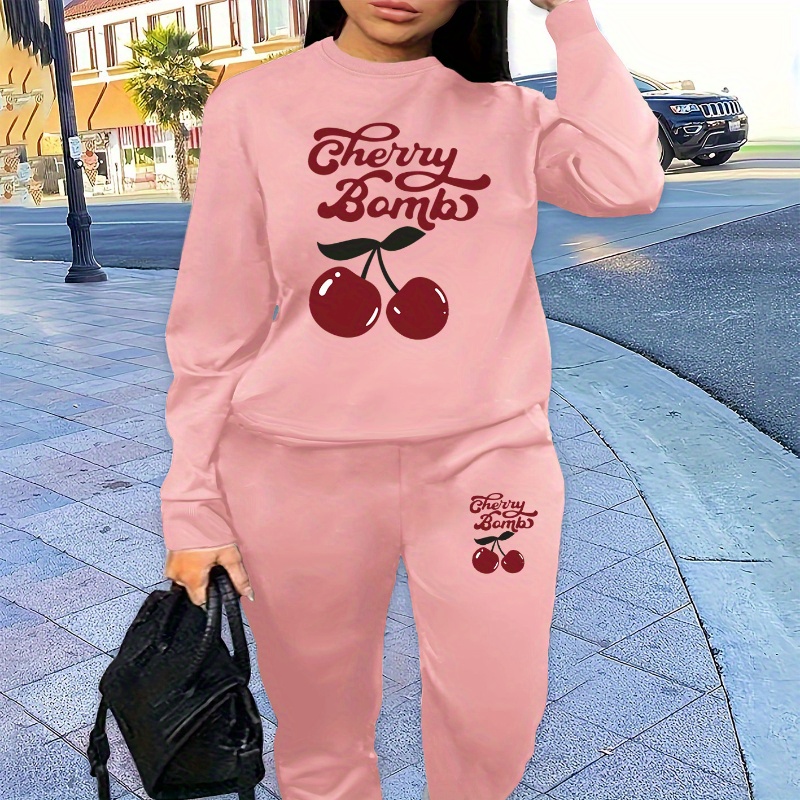 

Vintage Cherry Print Women's Fleece-lined Sweatshirt & Joggers Set - Casual Crew Neck, Machine Washable