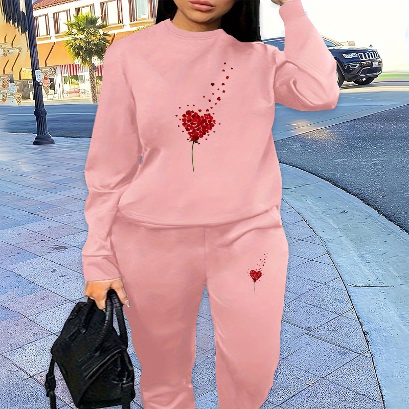 

Polyester Knit Fabric Casual Pantsuit For Women, Crew Neck Sweatshirt And Pants Set With Romantic Fading Heart Print, Comfortable All-season Style, No Details - 1001# Series