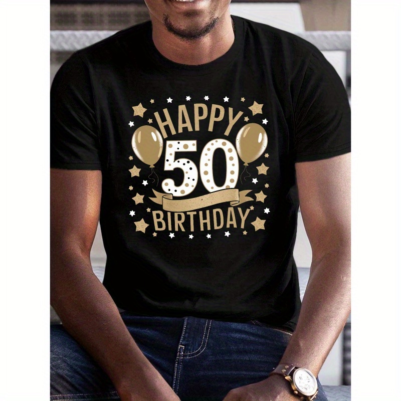 

Men's Casual Polyester Crew Neck T-shirt With 50th Birthday Celebration Print, Regular Fabric Tee With Stretch For Adults - Summer Geometric-pattern Short Sleeve Shirt