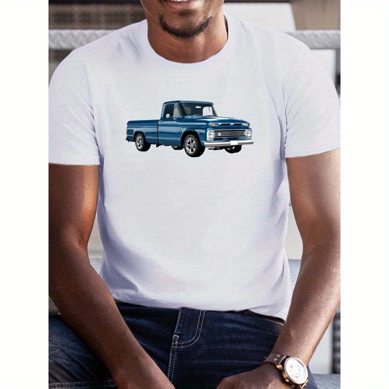 

Men's Plus Size Classic Pickup Truck Graphic T-shirt - 100% Polyester Short Sleeve Crew Neck Tee - Knit Fabric Casual Summer Top For Adults - Slight Stretch, Geometric Print Regular Fit Shirt