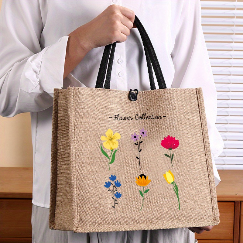 

Elegant Linen Hemp Tote Bag With Floral Print, Large Capacity Closure, Nylon Lined, Machine Washable Handbag For Work, School, Shopping, Travel - Burlap Shoulder Bag For Women