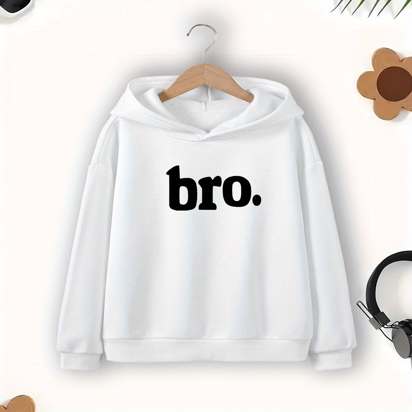 

Kids' Casual Polyester Hoodie With 'bro.' Print - Regular Fit Knit Fabric Hooded Sweatshirt For Boys, Comfortable Pullover For Fall/winter, Age 12 And Under