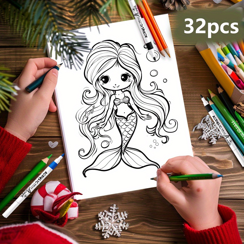 

32pcs Tlenpo Mermaid Coloring Cards 3.9x5.5inch, Creative Diy Coloring Book, Greeting Cards, Art Supplies For Birthday, Back To School, Christmas, Gifts, No Accessories Included