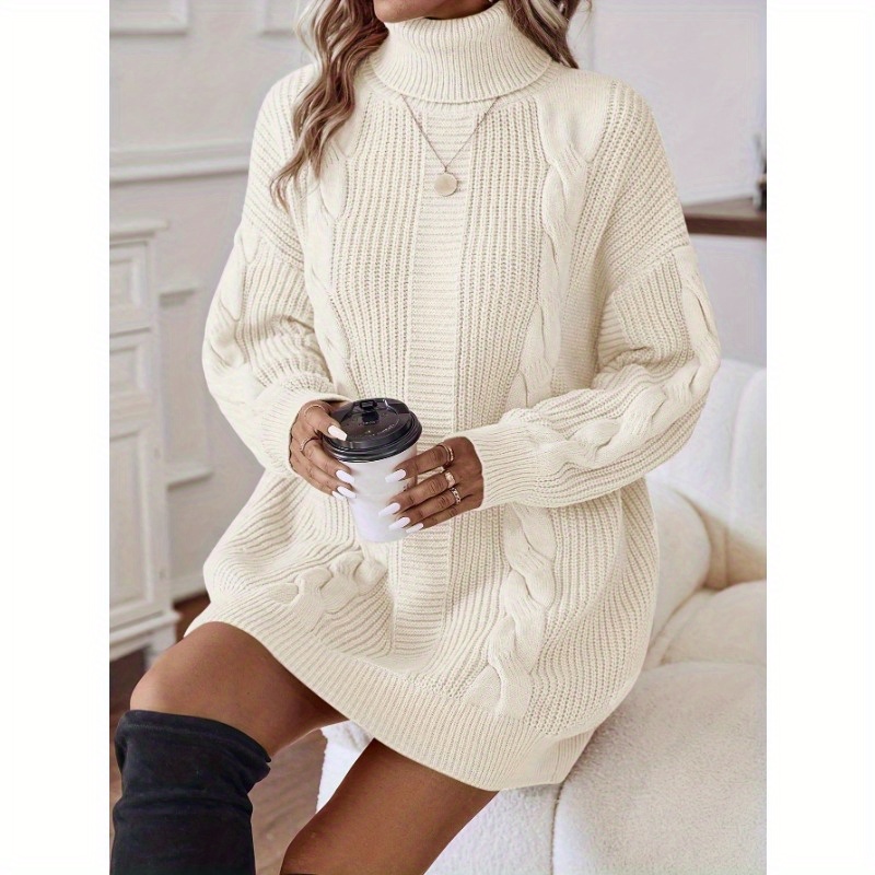 

Women's High Neck Cable Knit Sweater Dress - 100% Acrylic Long Sleeve Pullover For Fall/winter, Solid Color, Middle Eastern Style, Comfort Fit