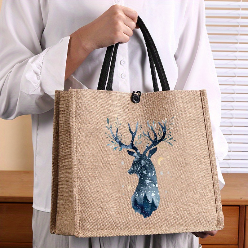 

Elegant Burlap Tote Bag With Deer Print - Large Capacity, Fashionable Handbag For Women | Work, School, Shopping & Beach