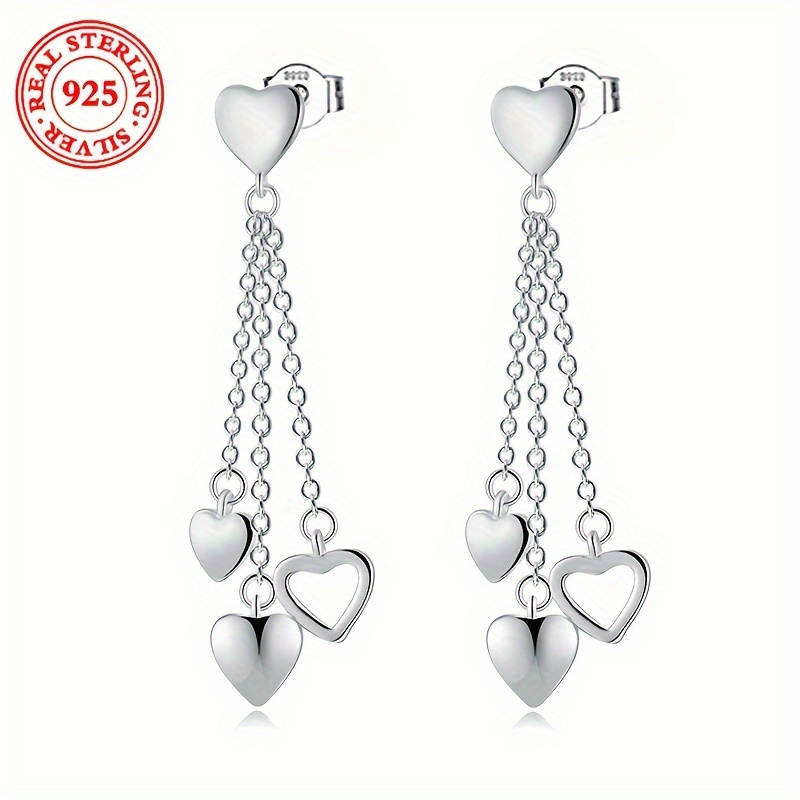 TEMU 925 Pure Silvery Tassel Heart Drop Earrings, Elegant Long Chain Pendant Style, Luxurious And Fashionable For Women