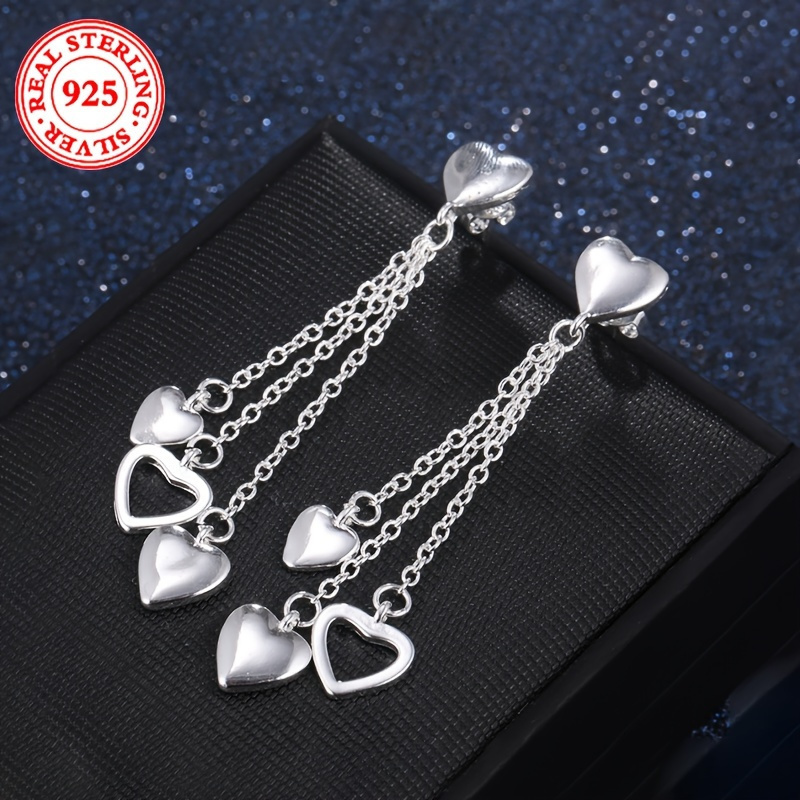 

925 Pure Silvery Tassel Heart Drop Earrings, Elegant Long Chain Pendant Style, Luxurious And Fashionable For Women