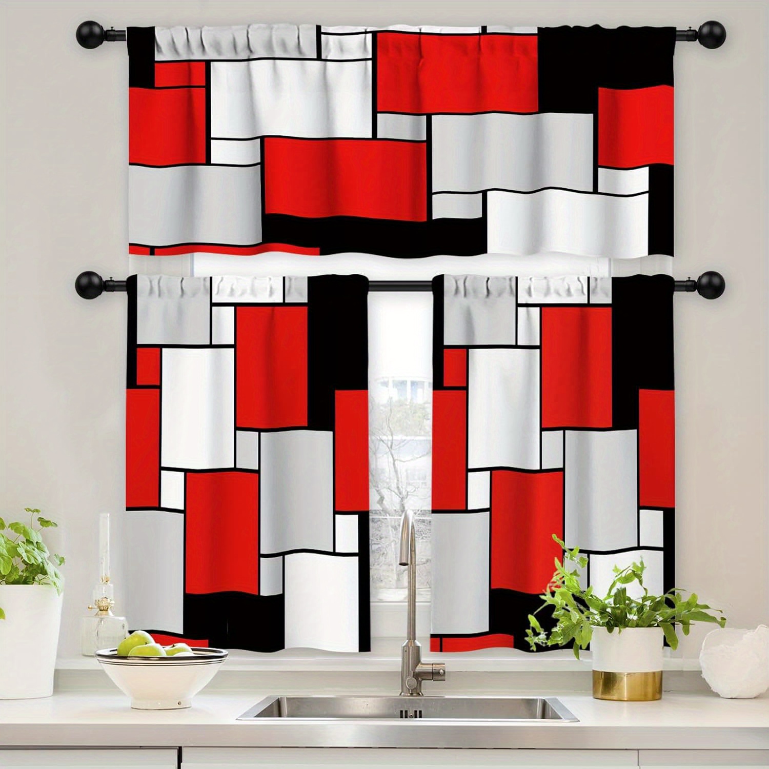 TEMU Red Black Grey Kitchen Curtains Set 3 Piece For Windows Curtains Valance And Tier Set 36 Inch Modern Rod Pocket Short Tier Curtain For Bathroom Abstract Cafe Curtains For Living Room Windows