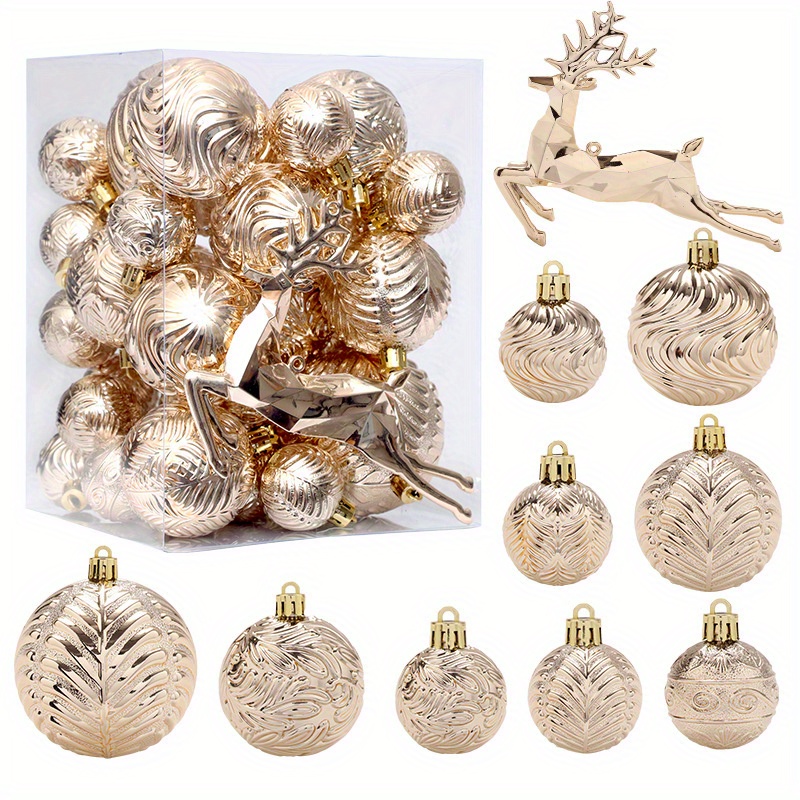 

40-piece Champagne Golden Christmas Ornament Set, Luxurious Style Plastic Spherical Hanging Decorations, Deer & Swirl Design, No Feathers, For Christmas & Tree Decoration