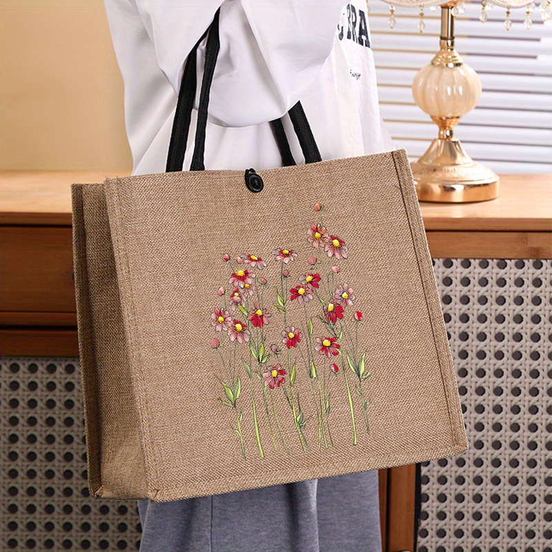 

Elegant Floral Embroidery Linen Tote Bag With Nylon And Closure, Machine Washable Hemp Handbag For Commuting, Work, School, Shopping, And Travel