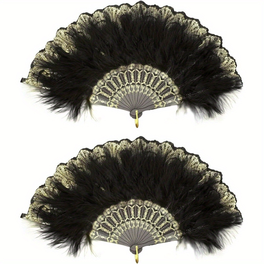 TEMU 2-pack Vintage 1920s Feather Hand Fan, Glam Style Plastic Folding Fan, Costume Wedding Party Accessory Decor