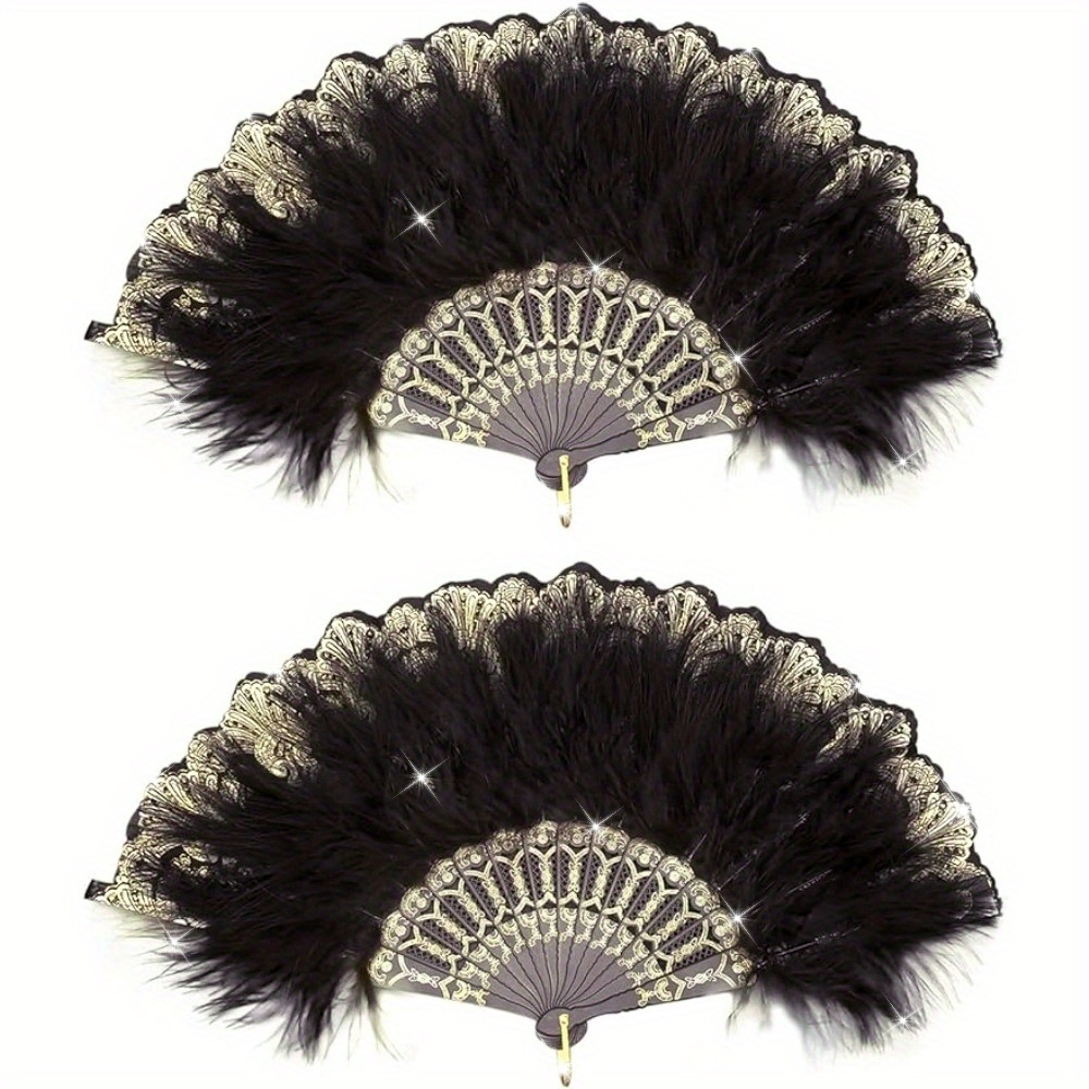 

2-pack Vintage 1920s Feather Hand Fan, Glam Style Plastic Folding Fan, Costume Wedding Party Accessory Decor