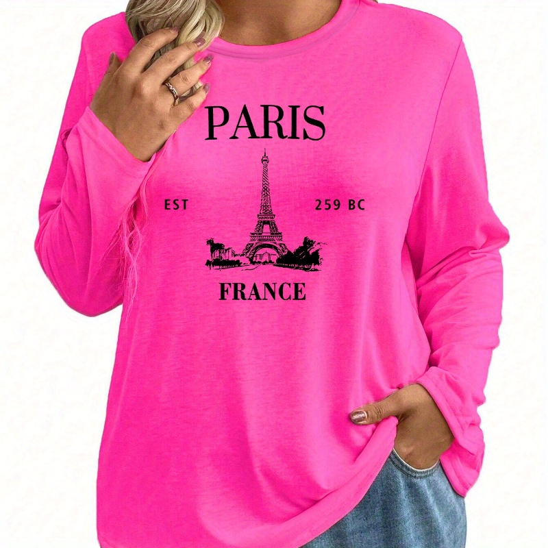 

Chic Women's Color Block Letter & Tower Print Long Sleeve T-shirt - Casual Round Neck, Stretchy Polyester Blend, Machine Washable