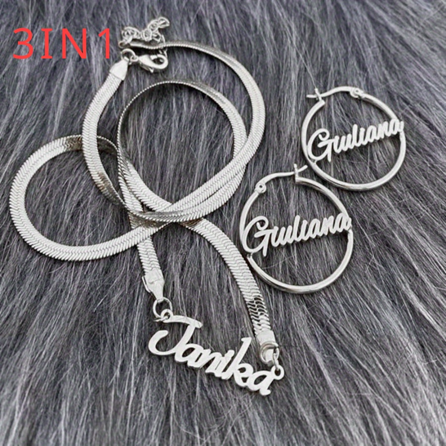 TEMU 3pcs Personalized Name Letter Earrings, Custom Snake Bone Chain Set, 18k Golden Plated Stainless Steel, Women's Jewelry, Wear Or As A Birthday,