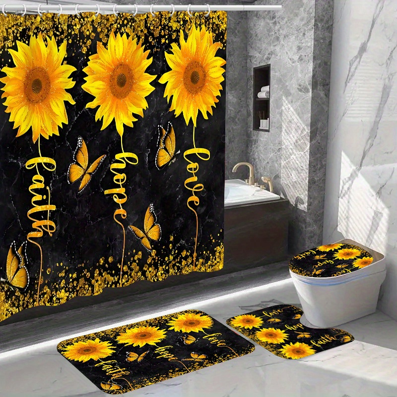 

Sunflower Shower Curtain Set With 12 Hooks - Woven Polyester Waterproof Fabric, Fashion Themed Non-slip Rug, Toilet Seat Cover, And Bathroom Mat - Accessory Bundle For Home Decor, Easy Dry Clean