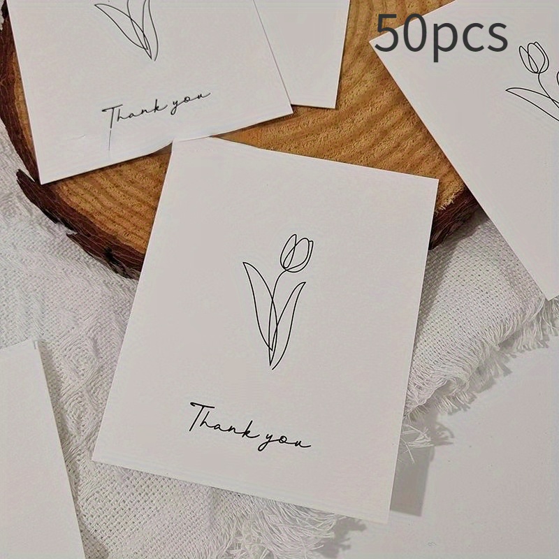 Image of 50pcs Black And White Minimalist Special Paper Packaging Decoration Cards Flower Shop Thank You Letter Message Card Design Tulip Lily Of The Valley