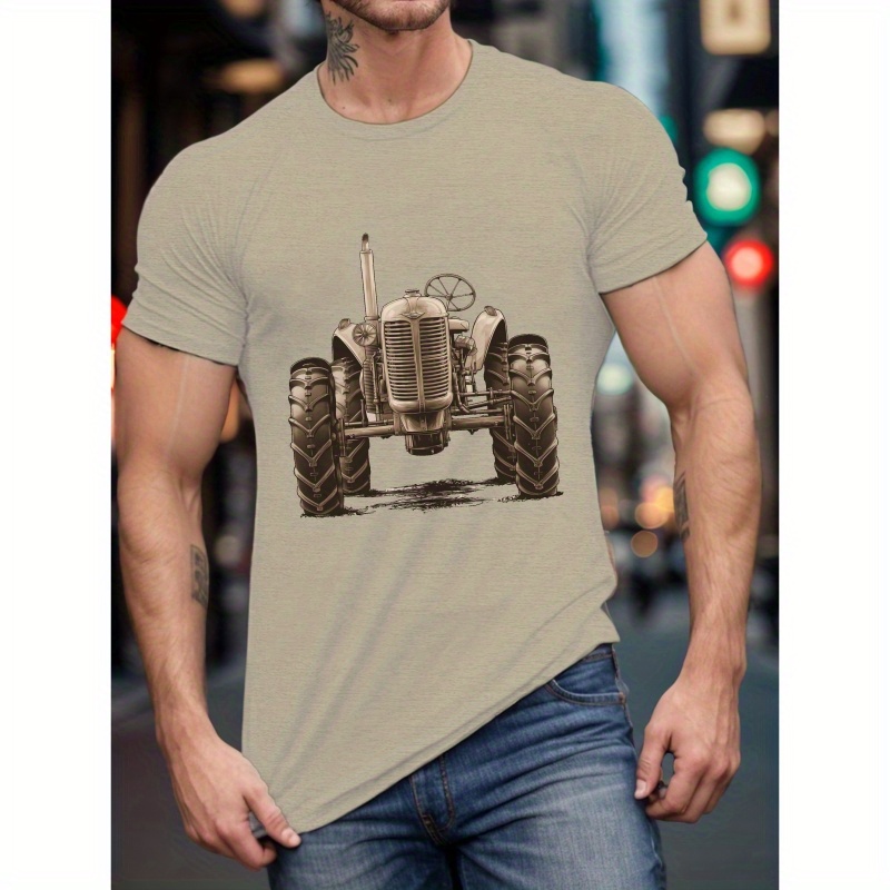 

T-shirt imprimé tracteur vintage pour homme, tee-shirt décontracté à manches courtes, polyester, taille régulière, mode été, col rond, adulte unisexe, tissu tricot élastique