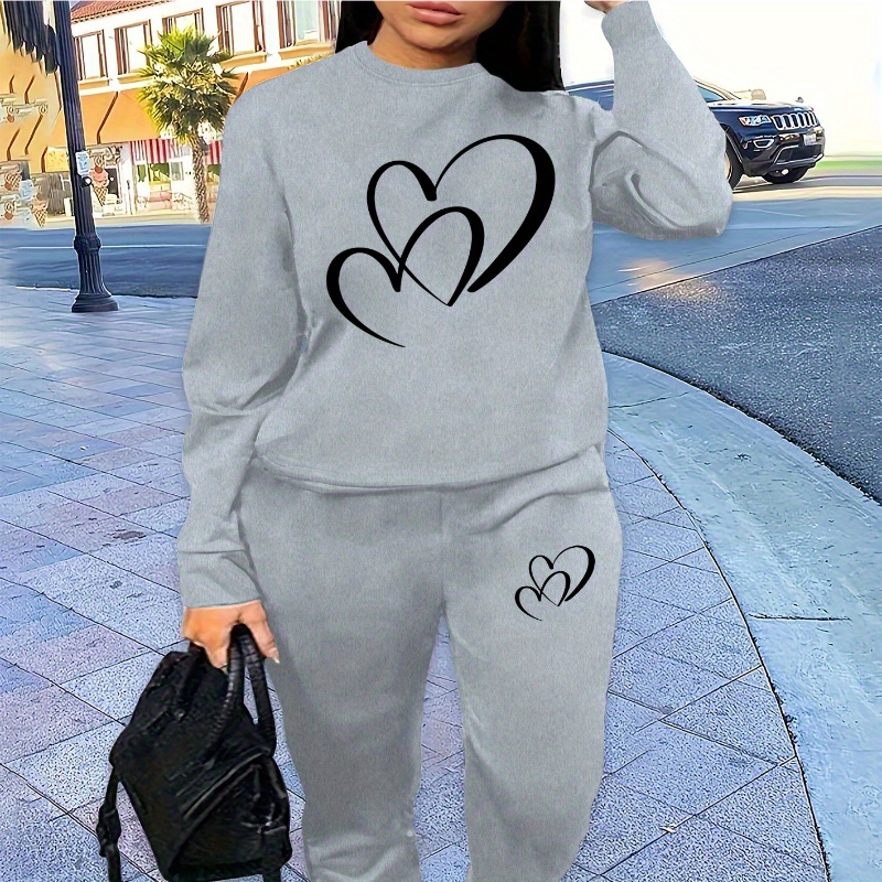 

Love Heart Print Sweatshirt And Pants Set - Casual Polyester Knit Fabric, All-season Round Neck Pullover With Matching Pants