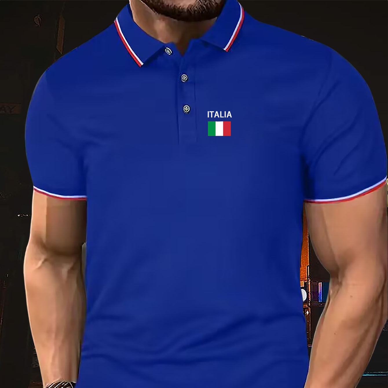 

Men's Fashion Summer Short Sleeve Casual Geometric Patterned Knit Fabric Polo Shirt With Button Detail And Italian Flag Emblem - Polyester, Regular Fit