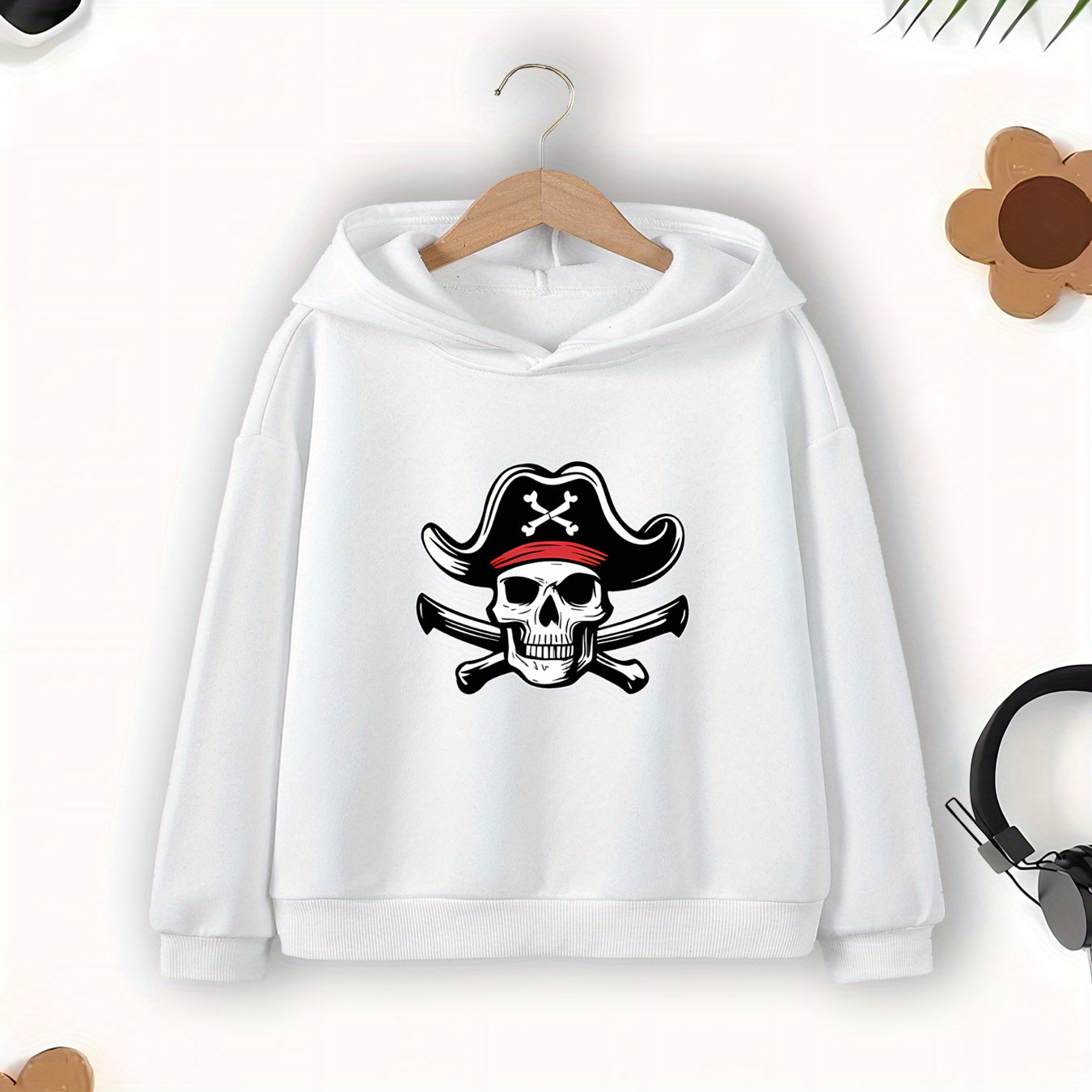 

Boys' Pirate Skull Print Hoodie - Casual Knit Polyester Hooded Sweatshirt, Regular Fit, 12 & Under - Fall/winter Collection