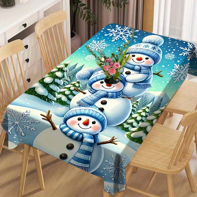 

Snowman Christmas Tablecloth - Stain, Waterproof & Wrinkle-resistant Polyester, Square Holiday Decor With & Snowflakes For Indoor/outdoor Dining, Outdoor Christmas Decorations