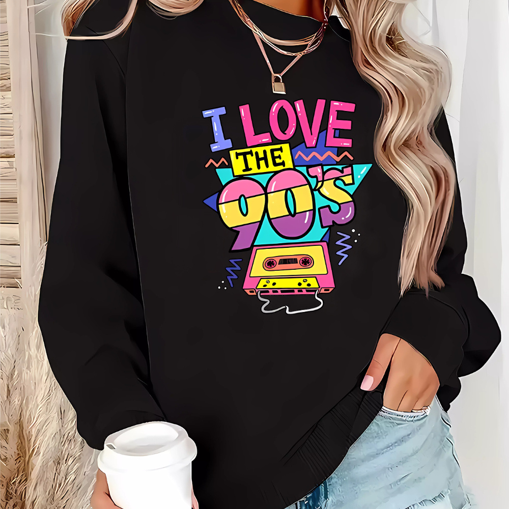 

Retro 90s Love Cartoon Neck Sweatshirt - 100% Polyester Knit Fabric, Casual Pullover With Stretch For All