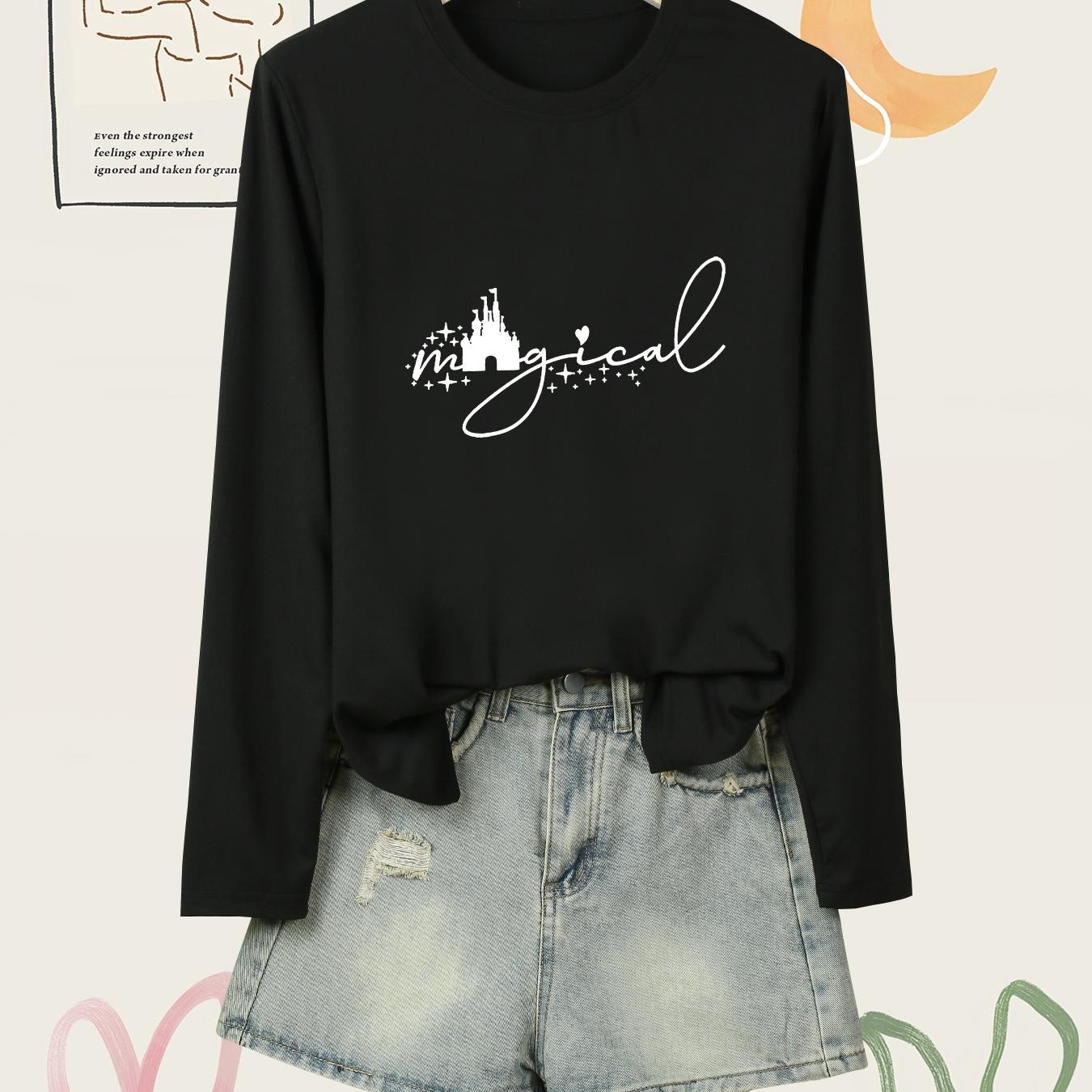 

Castle Print Graphic T Shirt, Breathable Long Sleeve Crew Neck Summer Tee, Women's Top