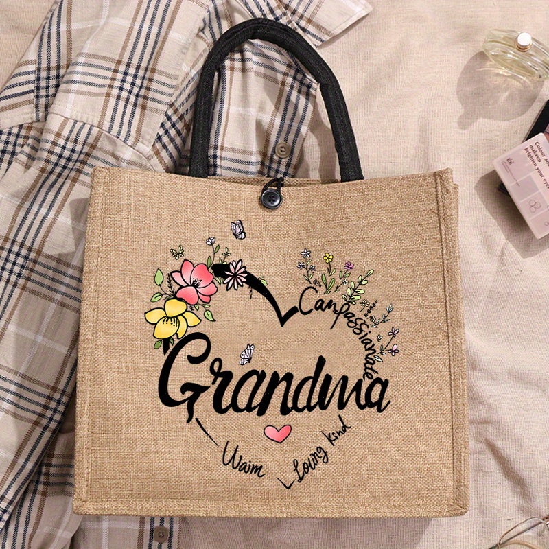 

Grandma-themed Burlap Tote Bag With Floral And - Large Capacity, Handbag For Work, School, Shopping, Travel, Beach, Beach Tote| Slogan Bag|button Closure Bag