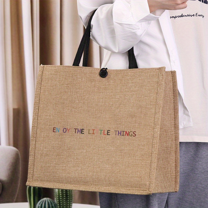 Image of Simple Letter Print Tote Bag Pattern Enjoy Slogan Handbag Large Capacity Gift Bags Women's Burlap Large Capacity For Work Shopping Travel Beach For Teacher Autumn Winter Outdoor