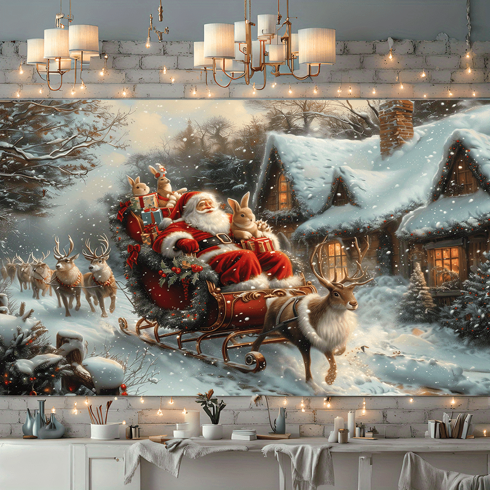 

Christmas Wall Tapestry Santa With Reindeer Sleigh - Polyester Rectangular Hanging Decoration, Contemporary Christmas Scene Backdrop Without Electricity - Room Decor.